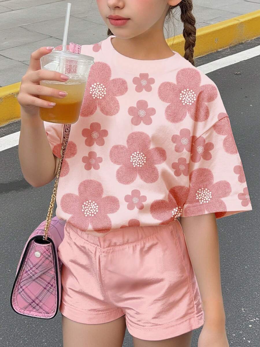 青少年女孩休閒簡約植絨可愛花卉印花短袖T恤與休閒短褲2件套,適合夏季度假,亮粉色 - 彩色 - 查看 1