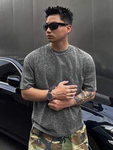 DAZY 男士純灰色短袖紋理水洗布料夏季T恤 - 灰色 - 查看 7