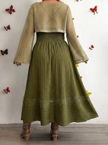 Whyspr Plus Size 2pcs Set Military Green Spaghetti Strap Long Lace Dress With Apricot European & American Style Mesh Hollow Out Cover-Up - Army Green - View 2