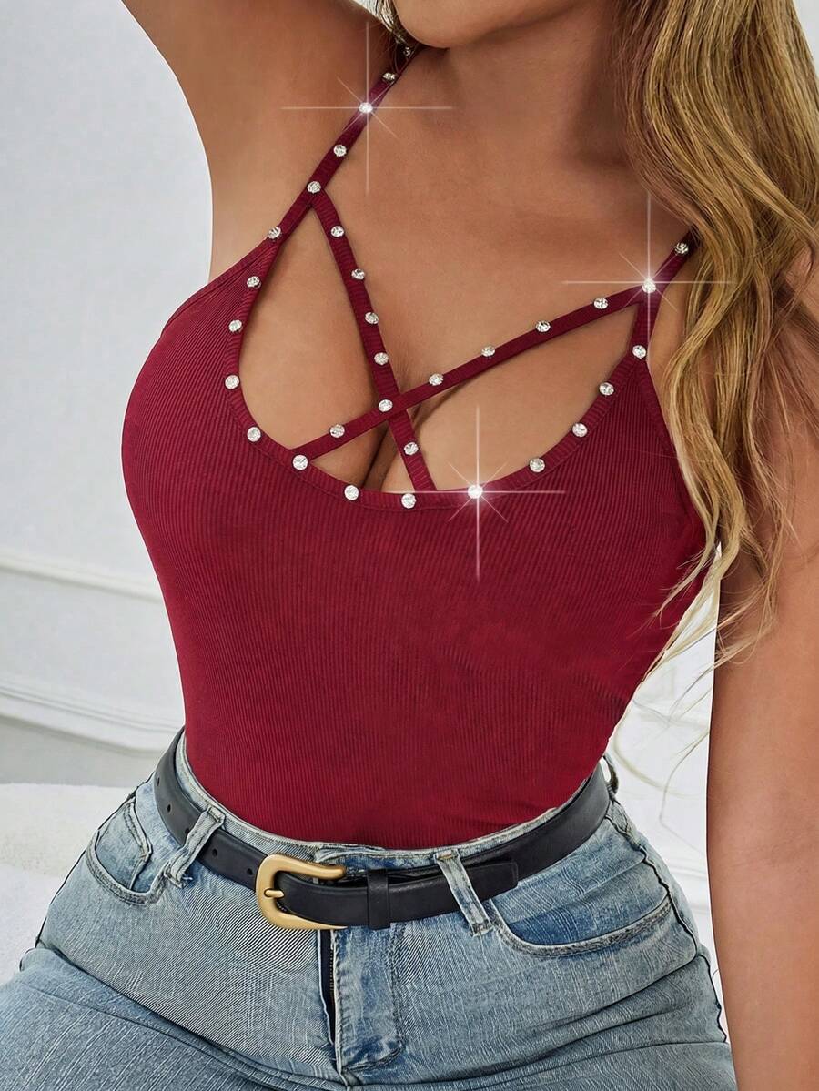 Glamine Top de tirantes acanalado con strass y diseño calado con tiras cruzadas para mujer - Rojo - Ver 1