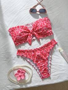 Swim Mod Conjunto de Bikini de Dos Piezas con Nudo Fruncido Delantero y Estampado Floral Pequeño Estilo Vacaciones de Verano en la Playa para Mujer - Multicolor - Ver 3
