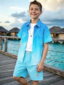 SHEIN 2pcs/Set Tween Boys Blue Summer Casual Shirt,Beach Palm Tree Ombre Print Polo Collar Short Sleeve Shirt&Minimalist Sports Shorts,Vacation Holiday Wear - Blue - View 3