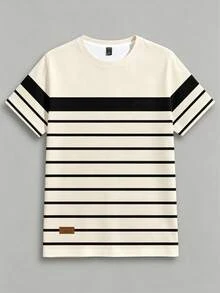 Azurnel Men's Summer Casual Colorblock Striped T-Shirt - Apricot - View 2
