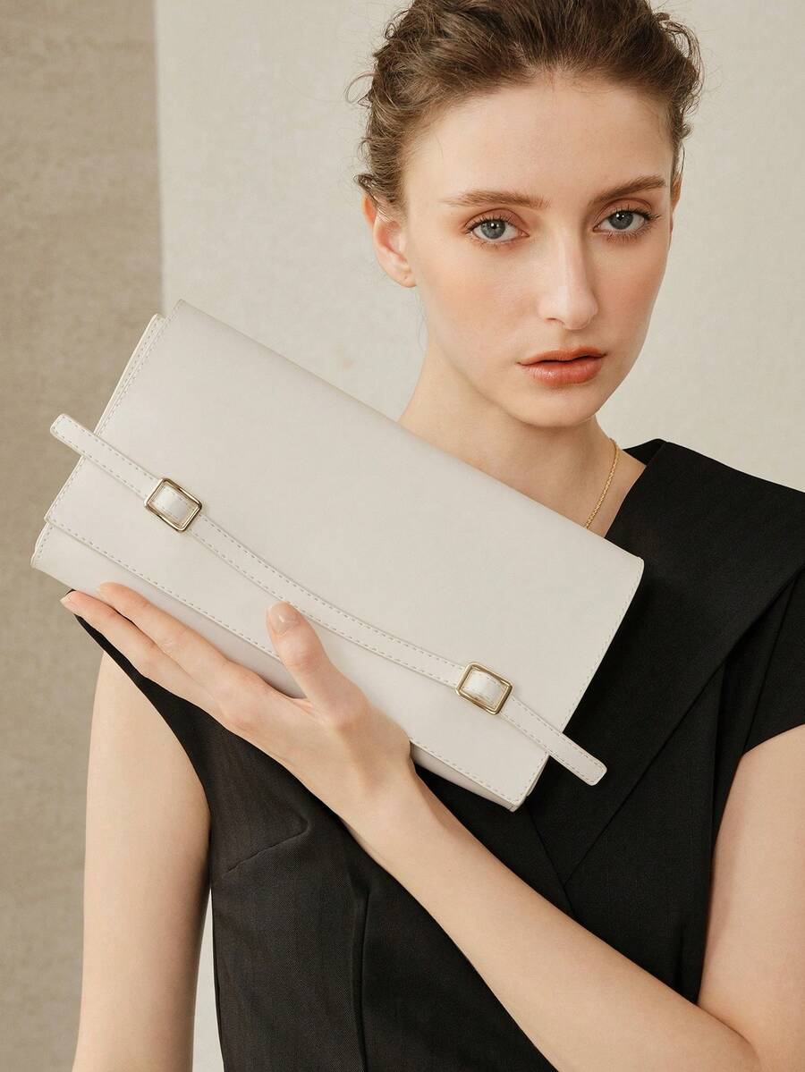 MOTF TAS CLUTCH WANITA WARNA BEIGE, TALI YANG INDAH, TAS BAGUETTE KOMUTER YANG STYLISH DAN SEDERHANA, COCOK UNTUK KEGIATAN SEHARI-HARI, PERJALANAN, BELANJA, DAN KENCAN - Krem - View 1