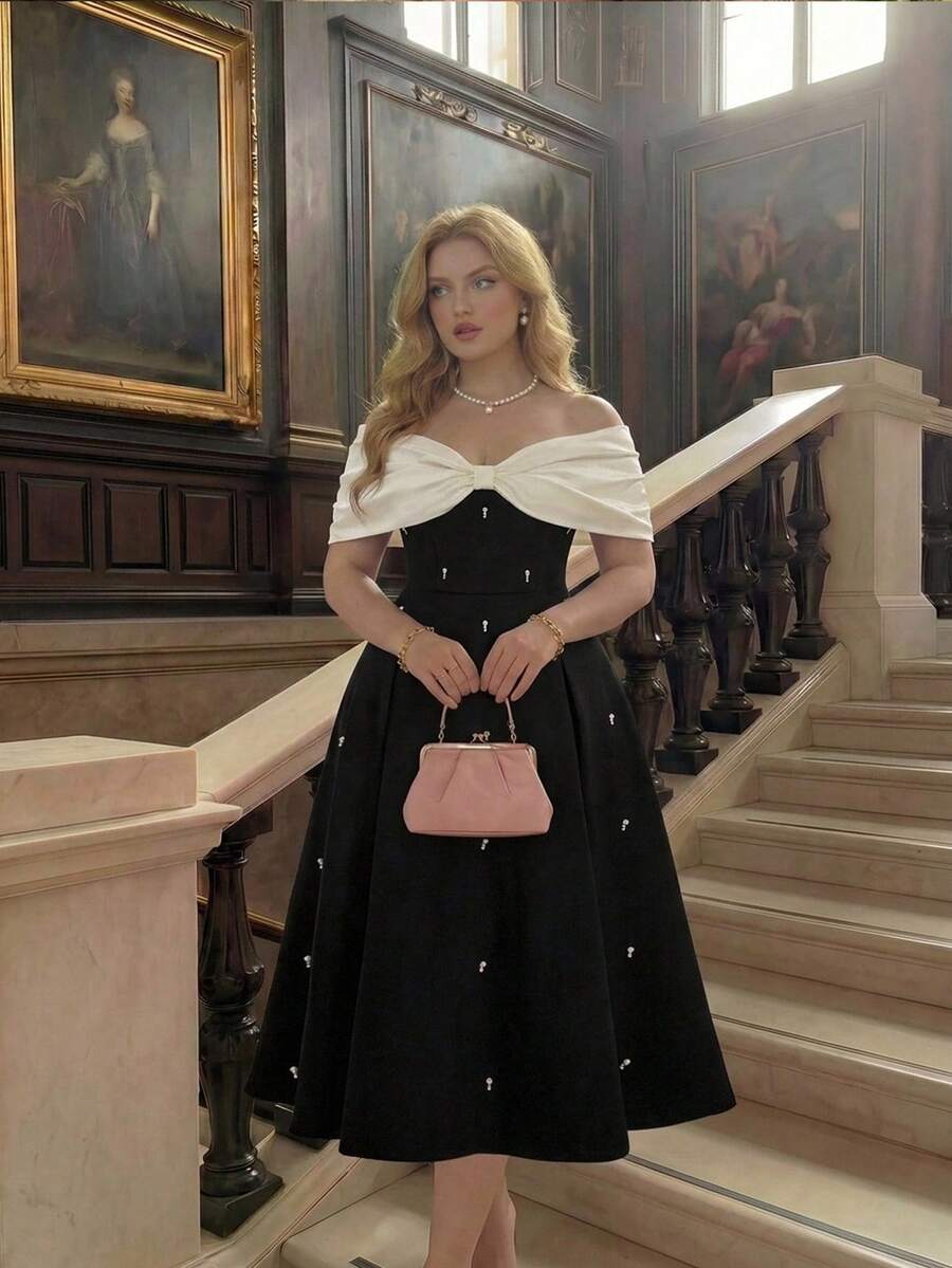 SHEIN MOD 大尺碼女款黑白拼接蝴蝶結仿珍珠優雅露肩中長洋裝，夏季婚禮賓客、復古派對晚餐正式穿搭