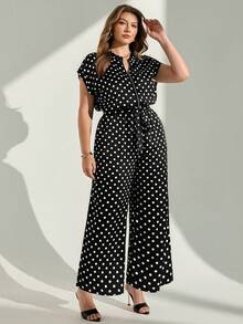 Chikora Plus Size Polka Dot Short Sleeve Jumpsuit, Elegant Women's Jumpsuit, Women's Commuter Outfit, Women's Office Jumpsuit, Women's Office Attire - Black and White - View 6