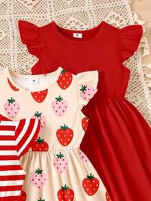 SHEIN Elladie kids 3件套甜美可爱草莓装饰条纹半身裙，草莓印花搭配纯色喇叭袖连衣裙，休闲度假装扮，适合夏季穿着 - 彩色 - 查看 4