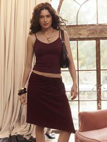 Aralina Women's Autumn Lace Waist Trim Detail Asymmetrical Hem Ruched Front Detail Holiday Vacation Beach Date Work Festival Knee Length Skirt Burgundy Casual - Burgundy - View 1
