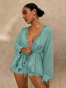 Glamine Women's Ruffle Cinched Waist Loose Top - Green - View 3