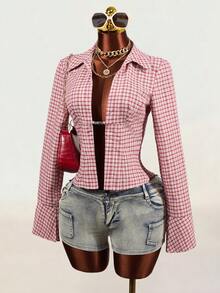Mistrie Pure Cotton Button-Down Long-Sleeved Polo Shirt With Hollowed-Out Design And Fringed Sleeves In Pink Plaid Check Pattern. 2000s Y2k Night Out Autumn - Red - View 8
