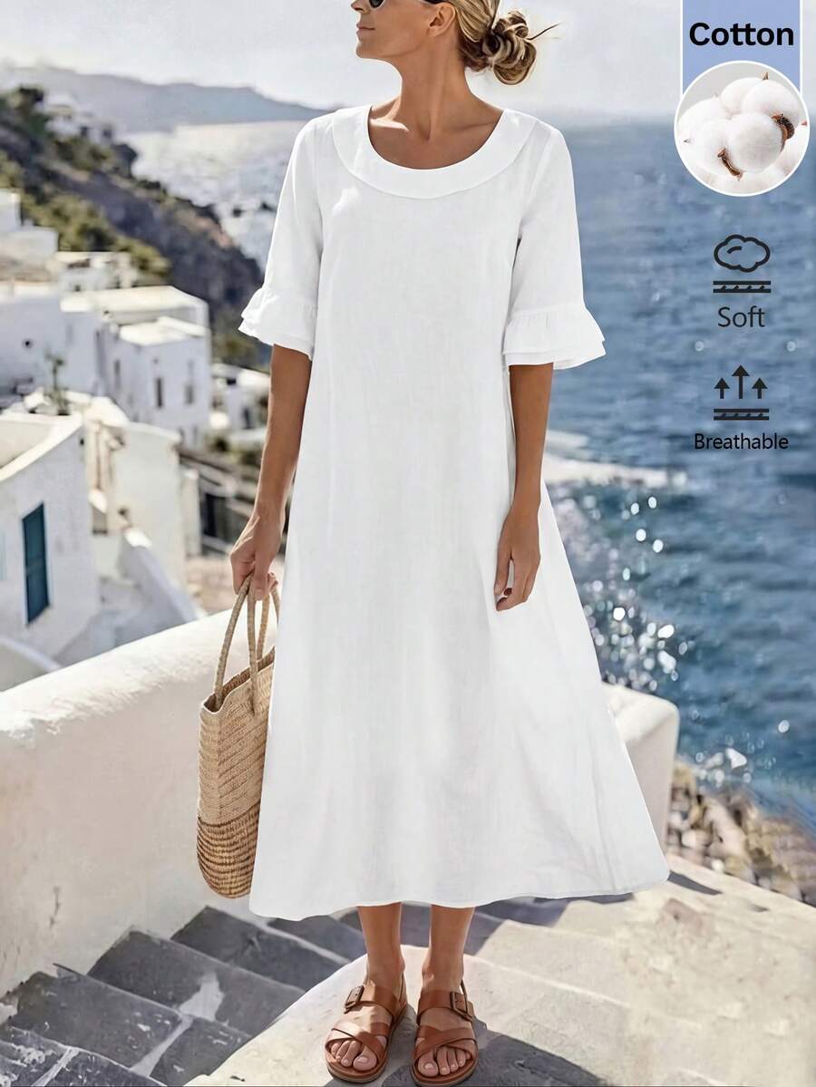 EMERY ROSE Damen Einfarbiges Rundhals Kleid mit Rüschenmanschetten Locker Lässig - Weiss - Übersicht 1