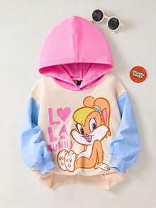 LOONEY TUNES X SHEIN 女婴可爱卡通兔子图案撞色卫衣套头衫，休闲百搭，适合秋冬季穿着 - 杏色 - 查看 1