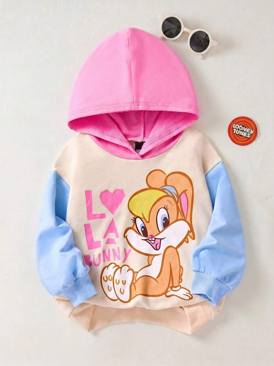 LOONEY TUNES X SHEIN 女婴可爱卡通兔子图案撞色卫衣套头衫,休闲百搭,适合秋冬季穿着 - 杏色 - 查看 1