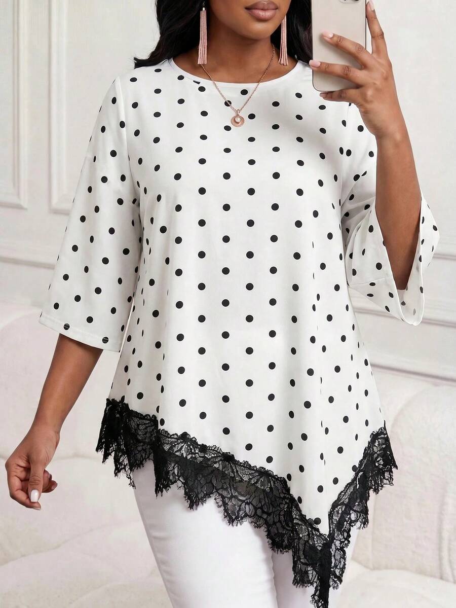 SHEIN Lady Chic Polka Dot Short Sleeve Tunic Top With Black Lace Detail And Irregular Hem - Black and White - View 1