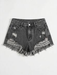 SHEIN EZwear 女款時尚毛邊破洞口袋鈕扣牛仔短褲，深灰色，適合城市度假、夜晚、夏季街頭風、休閒日常外出 - 灰色 - 查看 3