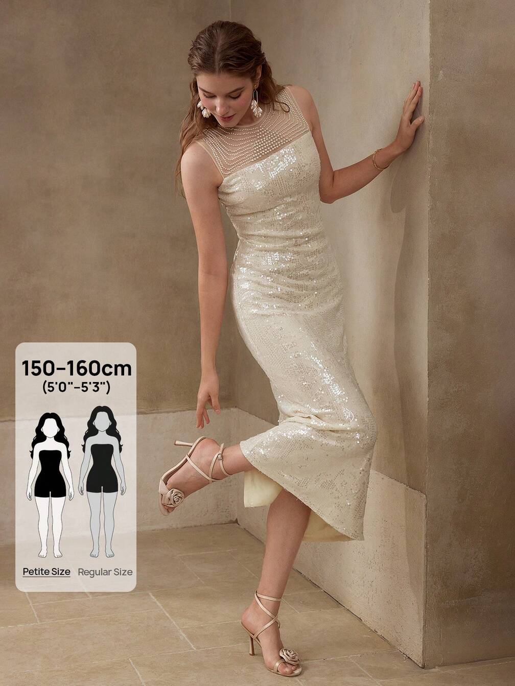 party dress petite size Elegant Petite Women's Sleeveless Long-Length Sequin Party Dress ,Pearl-Embellished Geometric Neckline, Form-Fitting Silhouette with Back Zipper &