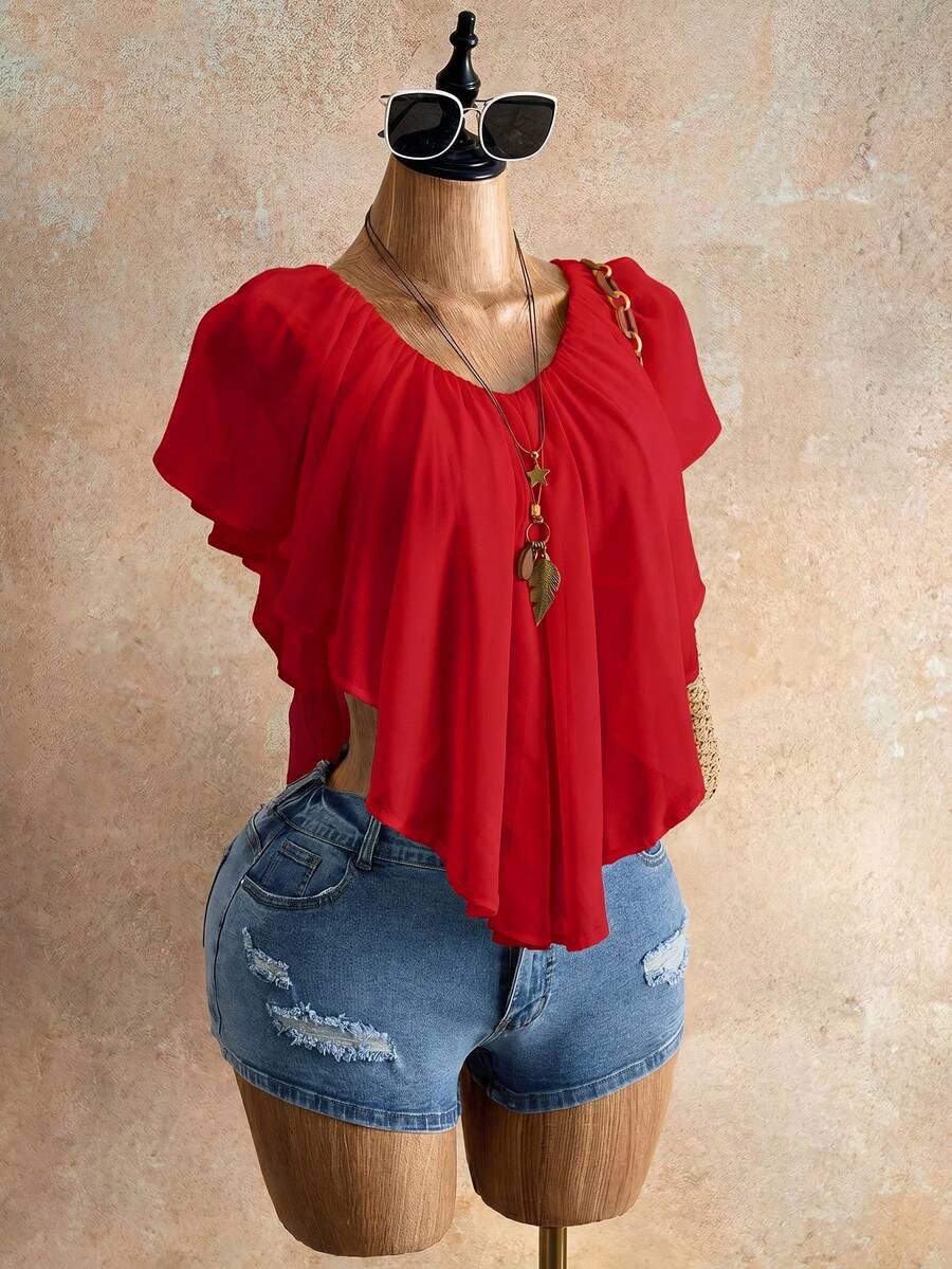 Mistrie 女款夏季荷葉邊V領短版上衣,短傘狀袖波希米亞風荷葉邊綁帶雪紡襯衫,適合外出穿著的寬鬆簡約純色上衣,海灘、海灘穿搭、婚禮賓客上衣、西式風格、外出、生日、聖帕特里克節 - 紅色 - 查看 1
