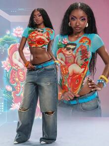 Modviera Blusa corta y sexy de mujer con cuello redondo y manga corta con estampado de peces - Azul - Ver 1