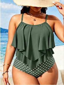 Swim Lushoire Plus Size Women's Summer Beach Ruffle Strap Tankini Set - Multicolor - View 1