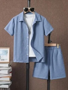 Genkimix Kids 青少年男孩素色單排扣短袖襯衫與短褲休閒日常2件套 - 藍色 - 查看 4