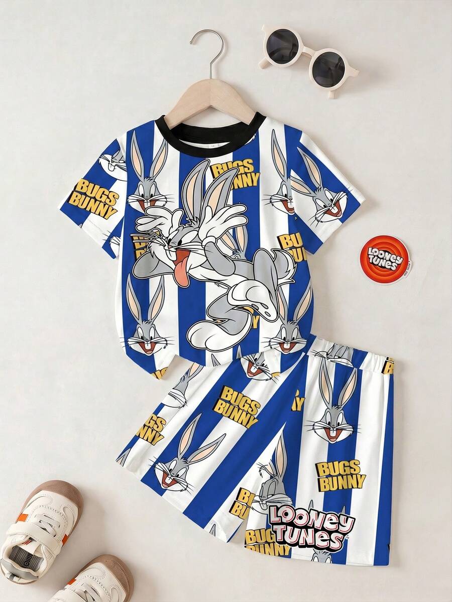 LOONEY TUNES X SHEIN 2件套男童可爱条纹圆领短袖T恤和休闲短裤套装 - 白色 - 查看 1