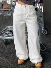 DAZY Solid Color Loose Button Decor Cuffed Hem Straight Leg Jeans - White - View 5
