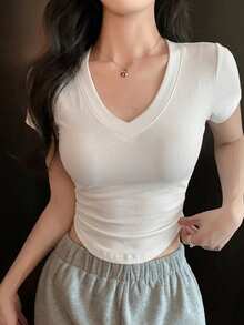 DAZY 女款V領休閒純色修身短袖T恤夏季 - 白色 - 查看 1