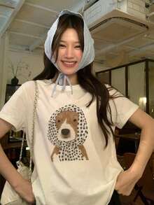 DAZY 女款圓領卡通頭巾小狗韓系風格春夏短袖T恤圖案印花可愛上衣 - 杏色 - 查看 6