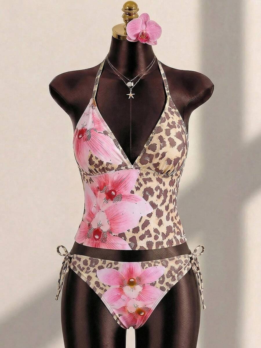 SHEIN Teen Girls Leopard & Floral Print Spaghetti Strap Bikini Set, 2 Pieces Swimwear For Beach Vacation, Spring/Summer - Multicolor - View 1