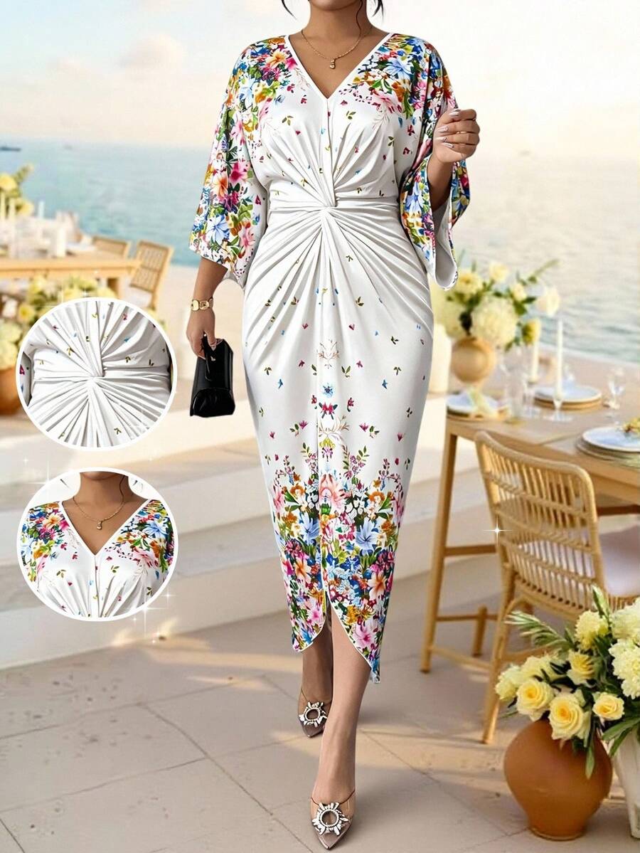 SHEIN Lady Work Outfits For Women  Plus Size Women V-Neck Floral Print Twist Ruched Casual Elegant Party Bachelorette Party Tea Party Dress White Summer - Multicolor - View 1