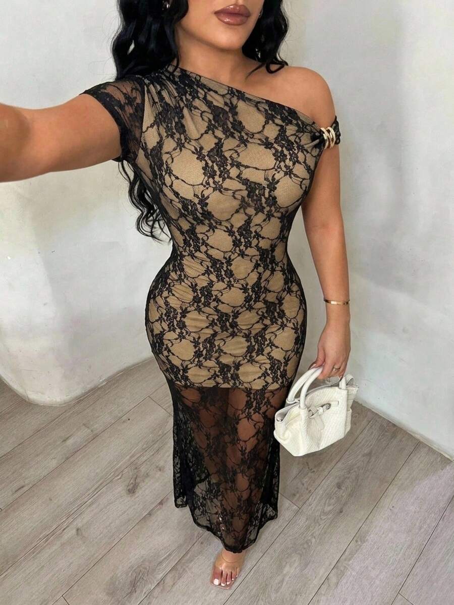 SHEIN SXY 不對稱領口蕾絲優雅修身洋裝 - 黑色 - 查看 1