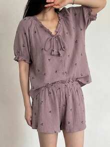 DAZY 女士多功能单排扣系带上衣和休闲短裤睡衣套装 - 紫色 - 查看 5
