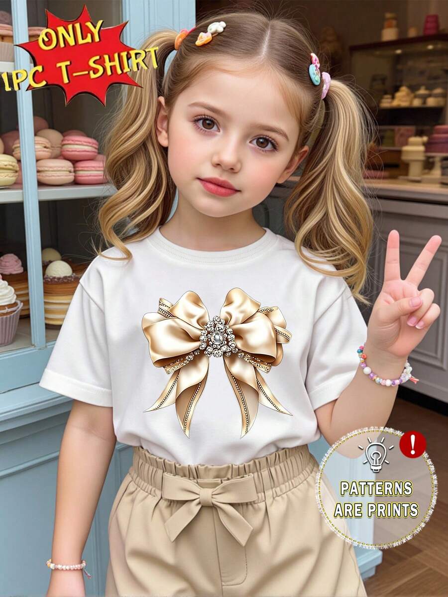 (Random 3 Pieces,Send 1 Piece)Girls Toddler Fresh Simple Cute Beige Gold Bow & Diamond Pattern Print Basic Short T-Shirt Summer Daily Outfit - Red - View 1