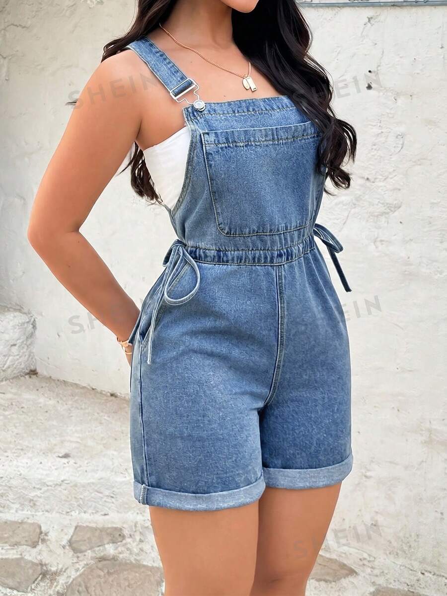 Rivivi Women's Fashion Washed Denim Side Drawstring Decor Overalls - Dark Wash - View 1
