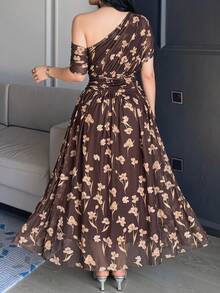Feyla Plus Size Women's Floral Print Asymmetrical Shoulder Elegant Dress - Multicolor - View 2
