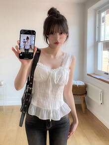DAZY 女款蕾絲休閒少女風荷葉邊蕾絲飾邊細肩帶可愛上衣 - 白色 - 查看 12