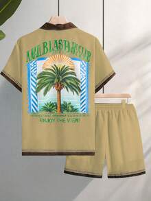 Genlund 2025 Men's Spring/Summer Map Print Pattern Fashion Short Sleeve Shirt Set Holiday - Light Yellow - View 6