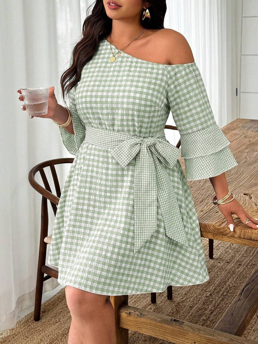 Weeklong Plus Size Women's Spring/Summer Asymmetric Neckline Open Shoulder Plaid Patchwork Ruffle Sleeve Button Waist Belt Tie A-Line Short Dress Fall - Mint Green - View 1