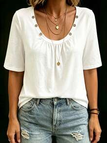 Balvessa White U-Neck Pleated Button Decor Casual Short Sleeve Women's T-Shirt - White - View 3