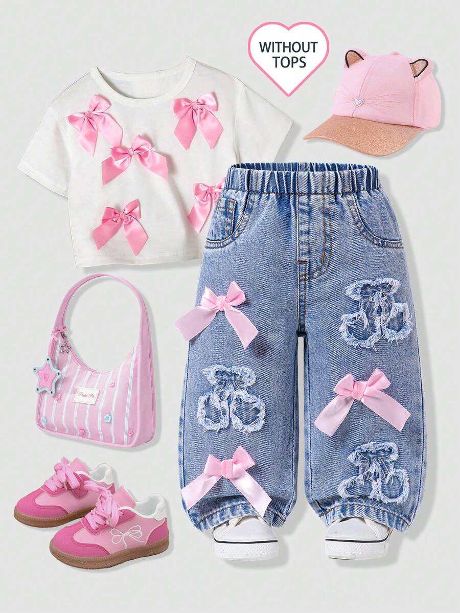 SHEIN Playful Pals 嬰兒幼兒女童牛仔長褲 夏季可愛風 淺藍色 破洞櫻桃毛邊貼布 + 粉色蝴蝶結裝飾 鬆緊腰 棉質 畢業款 - 淺色水洗藍 - 查看 1