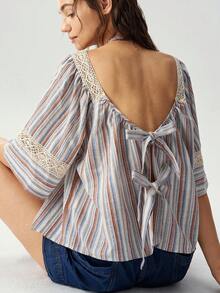 Bohemela Camisa holgada de mujer con volantes, patchwork de cinta tejida y unicolor casual - Albaricoque - Ver 4