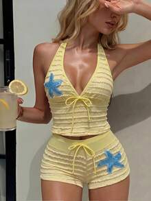 SHEIN Swim 夏季鵝黃色紋理布料飾發光藍色海洋海星 V 領細肩帶綁帶比基尼套裝，適合女性沙灘派對度假 - 彩色 - 查看 12