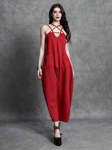 Glisette Black Sexy Loose Sleeveless Jumpsuit - Red - View 3