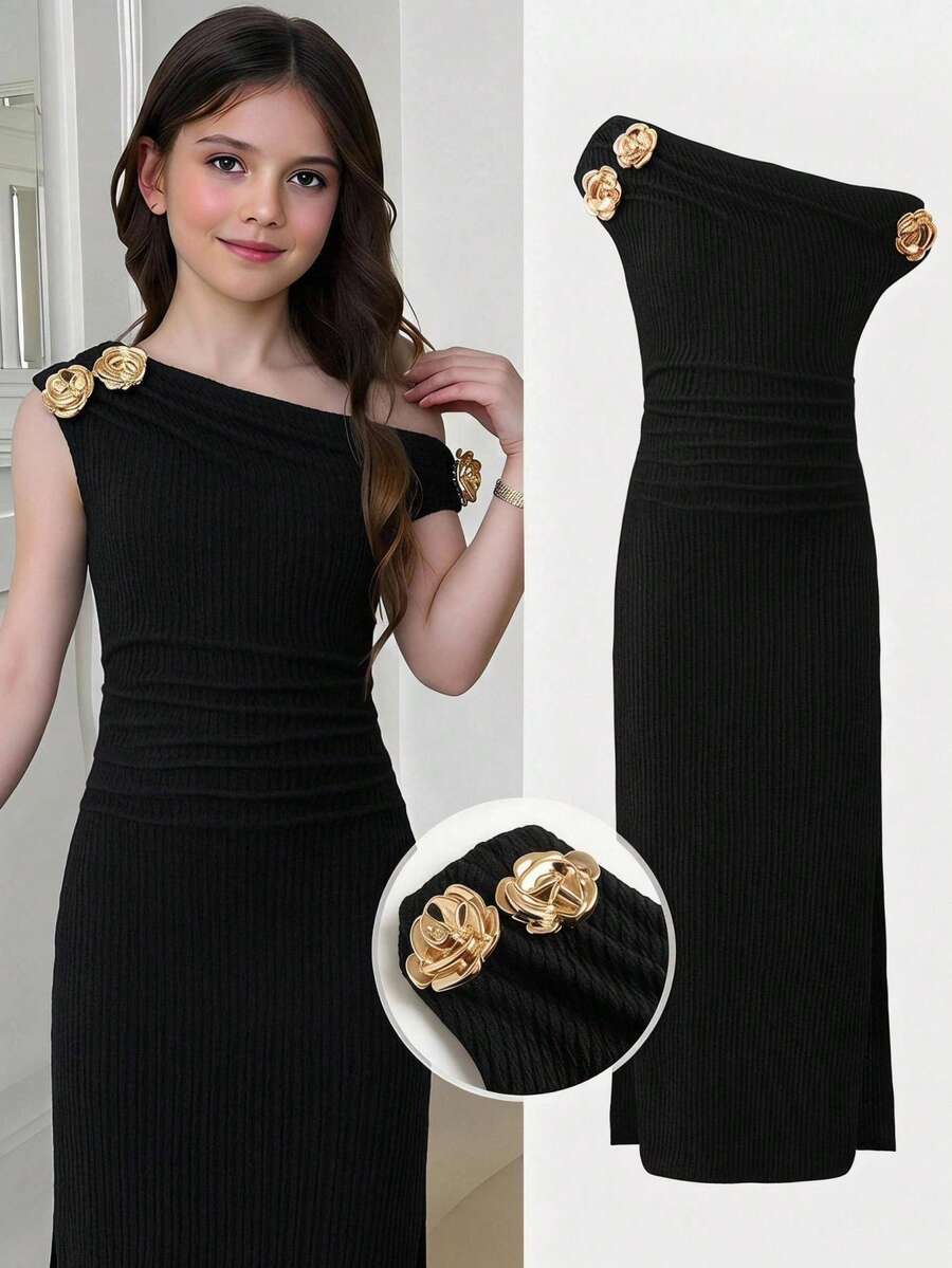 SHEIN Girlism Tween女孩黑色紋理不對稱單肩洋裝,金屬花朵裝飾,抓皺腰部,側開衩魚尾下擺,親膚面料,優雅名人風,春夏/秋冬生日派對表演穿搭,小眾設計童裝 - 黑色 - 查看 1