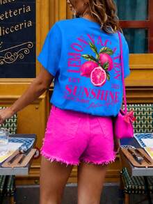 DrmWander Women's T-Shirt, Women's T-Shirt Streetwear Tropical Top, Street Style, Graphic Short Sleeve T-Shirt, Cute Summer Top Vacation Yellow - Blue - View 3