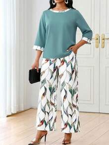 SHEIN Lady Women's Contrast Color Round Neck Casual Regular Shoulder Summer Top And Straight Leg Pants 2 Pieces Set Piece Outfit Women Leaves Print Printed - Multicolor - View 1