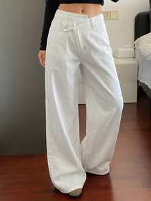 DAZY 女款不對稱腰部設計水洗直筒褲 都市休閒街頭風牛仔褲 夏季 Y2K 日常白天穿著 白色 - 白色 - 查看 3