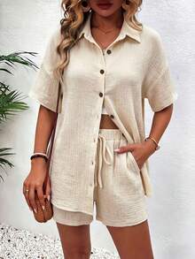 EMERY ROSE Women's Solid Color Lapel Shirt And Shorts 2 Pieces Set - Beige - View 4