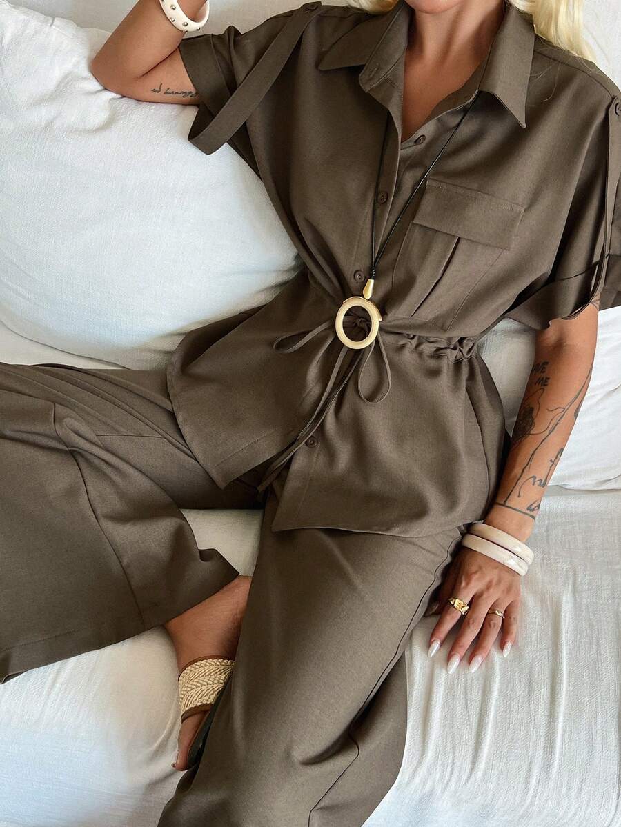 DAZY Summer Women's European And American Style Light Luxury Drawstring Waist Short Sleeve Shirt And Long Pants Two Pieces Set Vacation Travel Olive Green - Coffee Brown - View 1