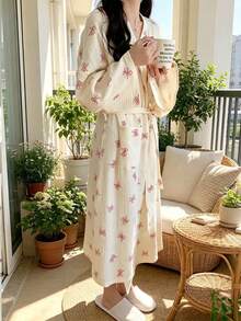 1pc Women Cute Pink Bow Print Kimono Bath Robe, Crinkle Gauze Wrap Robe With Belt & Pockets, Lightweight Soft Loungewear Bathrobe For Home Shower Daily Indoor Lounging - Pink - View 9